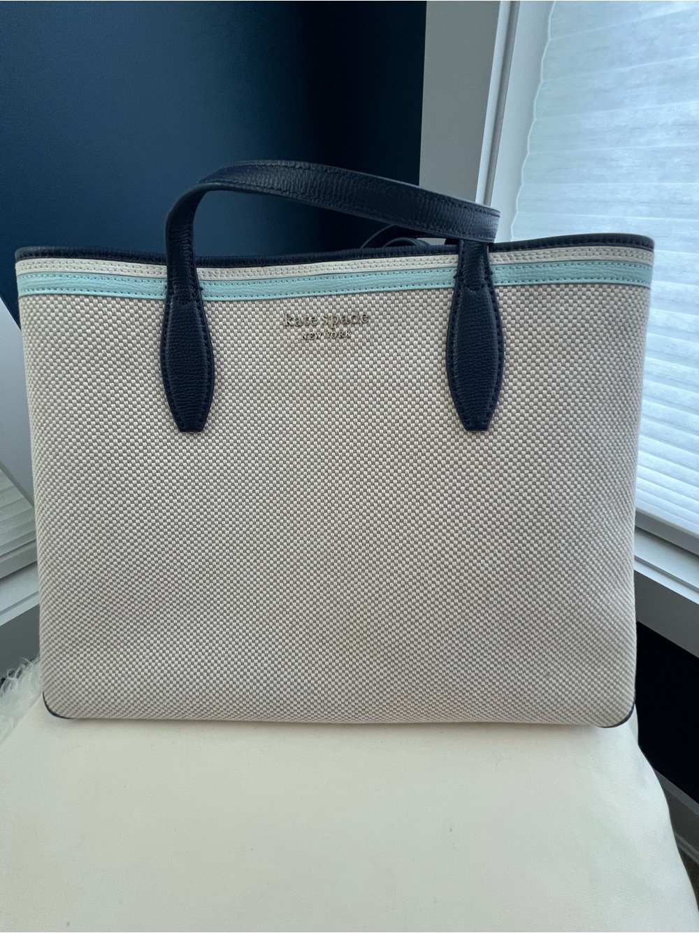 kate spade Cream Canvas Tote with Navy Handles and Aqua Trim - Picture 4 of 13